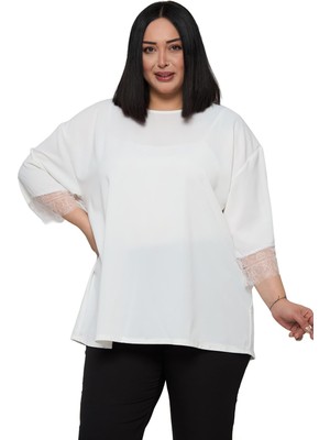 Disentis Modest Büyük Beden Dantel Detaylı Yarım Kol Beyaz Bluz