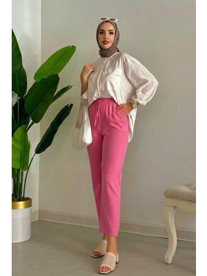 Tesettür Diyarı Melaj Kumaş Sofya Keten Pantolon- Pembe