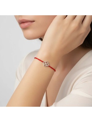 G&A Jewels 14K Altın Pırlantalı Yonca Kırmızı Ipli Bileklik