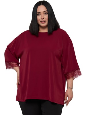 Disentis Modest Büyük Beden Dantel Detaylı Yarım Kol Bordo Bluz