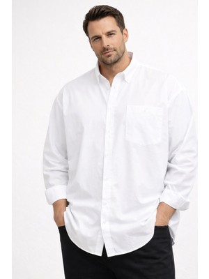 Varetta Erkek Beyaz Büyük Beden Gömlek Düz Yaka Düğmeli Uzun Kollu