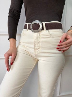 Size Özgü Acı Kahve Geniş Oval Tokalı Süet Kemer