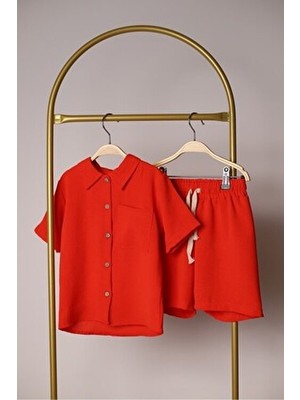 Arya Nisa Kids Erkek Çocuk Yazlık 2'li Takım Düğmeli Gömlek ve Şort Kırmızı Renkli
