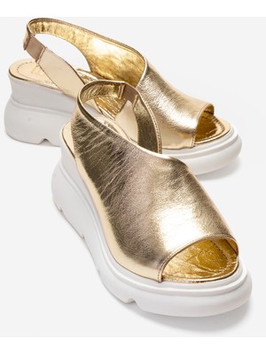 Luvi Agusto Altın Hakiki Deri Kadın Dolgu Topuk Sandalet