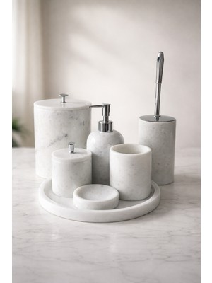 DMR Home Doğal Mermer Banyo Seti –sıvı Sabunluk, Diş Fırçalık, Katı Sabunluk. Pamukluk, Çöp Kovası ,k.fırçası