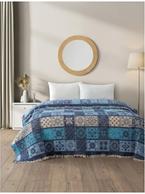 Nikar Home %100 Pamuk Müslin Çift Kişilik Yatak Örtüsü - 220X240 cm - Mavi Patchwork Desen