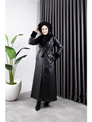 Harman Butik Kadın Yakası Görünümlü Astarlı Deri Uzun Trençkot