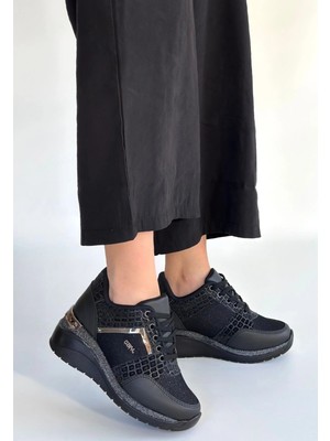 Mesga Butik Geja Siyah Cilt Bağcıklı Spor Ayakkabı
