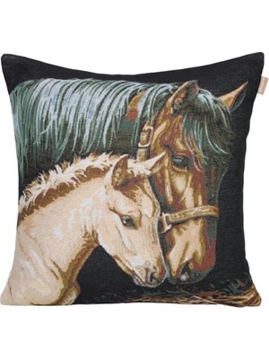 Believe Anne ve Yavru At Jakarlı Dokuma Goblen Dekoratif 45*45 Kırlent