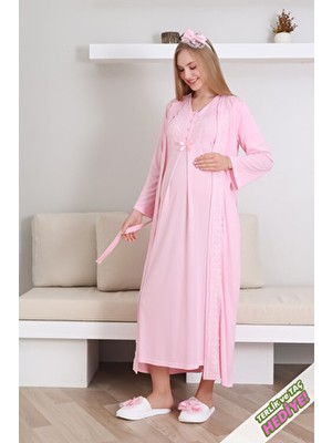 Erdeniz Tekstil Hamile Gecelik Takımı Sabahlıklı V Yakalı Dantel Detaylı 2'li Emzirme / Terlik ve Taç Hediyeli