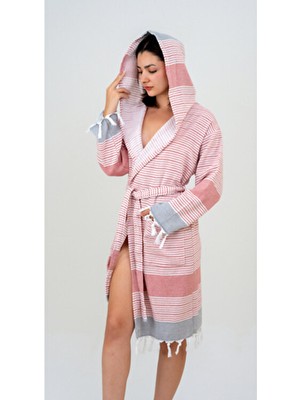 Emillie Mira Bornoz Unisex - % 100 Pamuk Kapüşonlu Çizgili Havlu Peştemal S - M