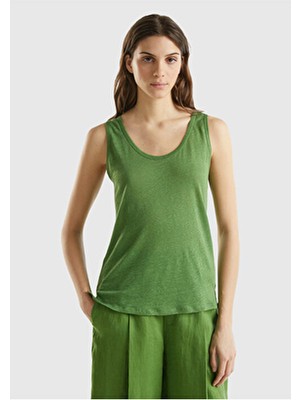 United Colors Of Benetton Kadın Soluk Yeşil %100 Keten Rahat Kalıp Kalın Askılı Atlet