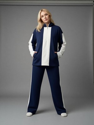 Trendseninle Kadın Lacivert Yarım Fermuarlı Premium Kumaş Eşofman Takımı