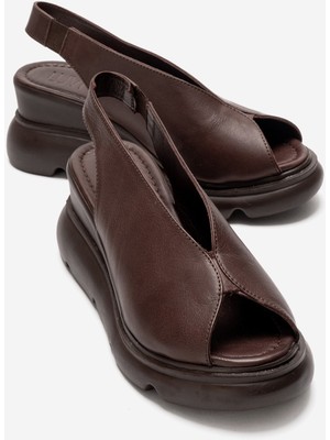 Luvi Sam Kahverengi Cilt Hakiki Deri Kadın Dolgu Topuk Sandalet