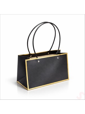 Süsle Bebek ve Parti Altın Çerçeveli Karton Hediye Çantası  22×14×11 cm – Siyah