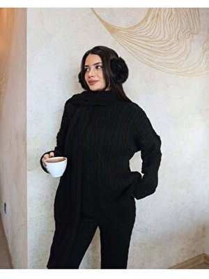 Askı Nişantaşı Siyah Atkılı Saç Örgülü Triko Pantolon Takım