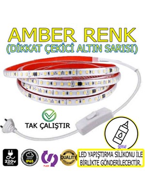 220V Şerit LED  Yüksek Işık Fişli ve Anahtarlı Amber Işık 4 Metre ((Adaptör Trafo Yok Tak Çalıştır)