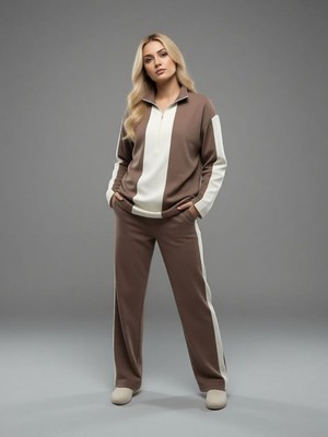 Trendseninle Kadın Vizon Yarım Fermuarlı Premium Kumaş Eşofman Takımı