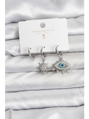 Göz Model Gümüş Renk Hkursat Pirinç 3'lü Kadın Küpe Seti