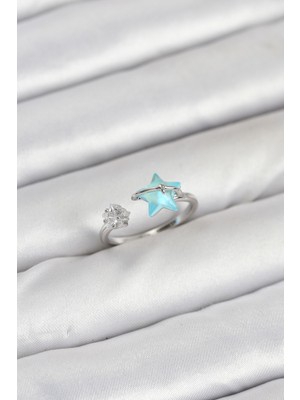 Hkursat Pirinç Gümüş Renk Mavi Yıldızlı Model Kadın Yüzük