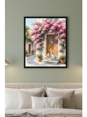 Safir Design Akdeniz Esintisi: Begonvil ve Kediler Temalı Çerçeveli Tablo, Pembe Çiçekli Ege Evi Kapısı ve Sevimli Kediler Çerçeveli Tablo