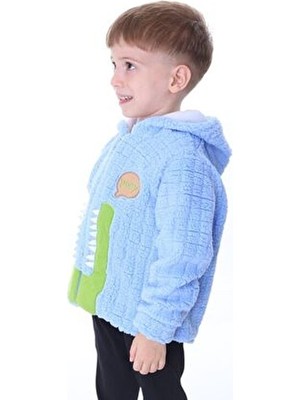Aden Kids 1-5 Yaş Mavi Peluş Krokodil Desenli Çocuk Hırka - Kareli, Fermuarlı ve Iç Astarlı