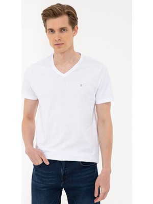 Pierre Cardin Beyaz Slim Fit Basic V Yaka T-Shirt