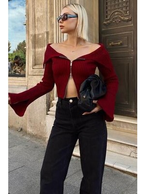 Swist Bordo Ispanyol Kol Degaje Yaka Fermurlı Örme Kadın Triko Crop Kazak