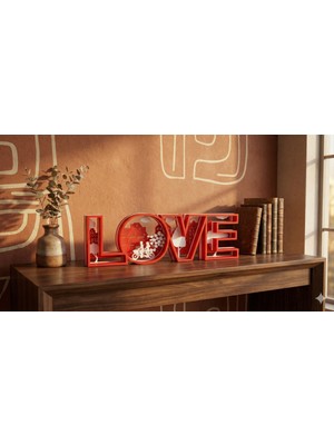 Öztürk Makine 3D Dekoratif "love" Yazısı - Romantik Şehir Silüeti ve Bisikletli Çift Figürlü Masaüstü Dekoru
