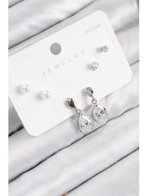 Hkursat Pirinç Zirkon Taşlı Sallantılı Damla Model Gümüş Renk 925 Ayar Gümüş Çivi Kadın Küpe Set