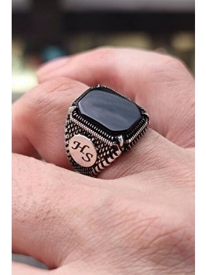 Alyansevim Harf Yazılı Siyah Oniks Taşlı 925 Gümüş Erkek Yüzük