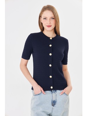 Irmak Kerekli Kadın Bisiklet Yaka Saç Örgü Kısa Kollu Triko Hırka  121824 Lacivert