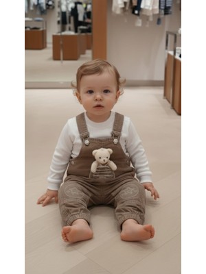 Kidzes Erkek %100 Pamuk Gömlekli Ayıcık Armalı Kot Salopet Takım