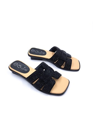 Guja G26Y467 Alçak Topuklu (3 Cm) Rhinestones Taşlı Siyah Şık Kadın Terlik