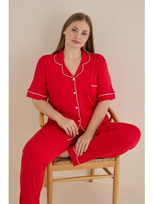 Seamlife Kadın Kırmızı Büyük Beden Viskon Gömlek Yaka Önden Düğmeli Göğüs Cep Mevsimlik Kısa Kol Pijama Takım