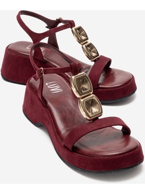 Luvi Matt Bordo Süet Tokalı Dolgu Tabanlı Kadın Sandalet