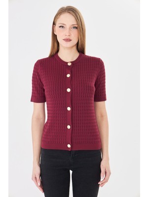 Irmak Kerekli Kadın Bisiklet Yaka Saç Örgü Kısa Kollu Triko Hırka  121824 Bordo