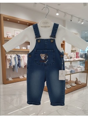 Kidzes Erkek %100 Pamuk Gömlekli Ayıcık Armalı Kot Salopet Takım