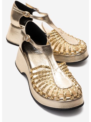 Luvi Barry Altın Örgü Detaylı Kadın Dolgu Topuklu Sandalet