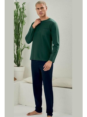 Kly Pijama Kly 9111 Erkek %100 Pamuk Yarım Düğmeli Uzun Kollu Battal Büyük Beden Pijama Takım