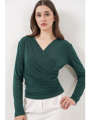 Hiccup Kadın Bdart Kruvaze Yaka Büzgü Detaylı Uzun Kollu Bluz Sacramento Yeşili