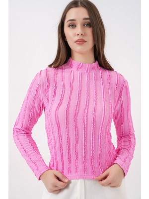 Hiccup Kadınlar BDART Dokulu Slim Fit Dik Yaka Bluz Karanfil Pembesi