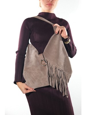 Luvi Noche Vizon Süet Hakiki Deri Püsküllü Kadın Omuz Çantası