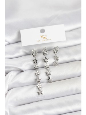 Hkursat Pirinç Gümüş Renk Yıldız Model Ysx Trio Küpe Seti