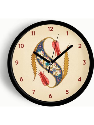 Motifli Osmanlı Desenli Modern Duvar Saati, Siyah Kasa, 35CM
