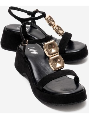 Luvi Matt Siyah Süet Tokalı Dolgu Tabanlı Kadın Sandalet