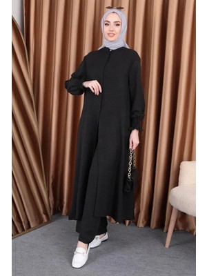 Tesettür Diyarı Gizli Düğmeli Uzun Tunikli 2' Li Keten Takım- Siyah