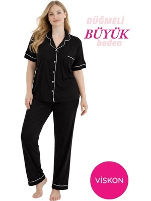 Seamlife Kadın Siyah Büyük Beden Viskon Gömlek Yaka Önden Düğmeli Göğüs Cepli Mevsimlik Kısa Kol Pijama Takım