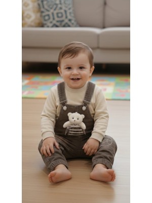 Kidzes Erkek %100 Pamuk Gömlekli Ayıcık Armalı Kot Salopet Takım