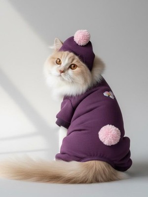 Kemique Purple Ponpon Pony Kedi Tulumu & Bere Takımı | Şardonlu Polar Kumaş | Tüy Dökülmesini Azaltır